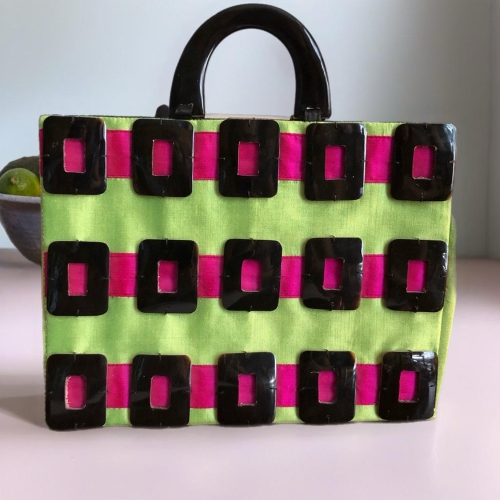 Retro Neon fabric handbag - lucite type black embellishments - totally unique